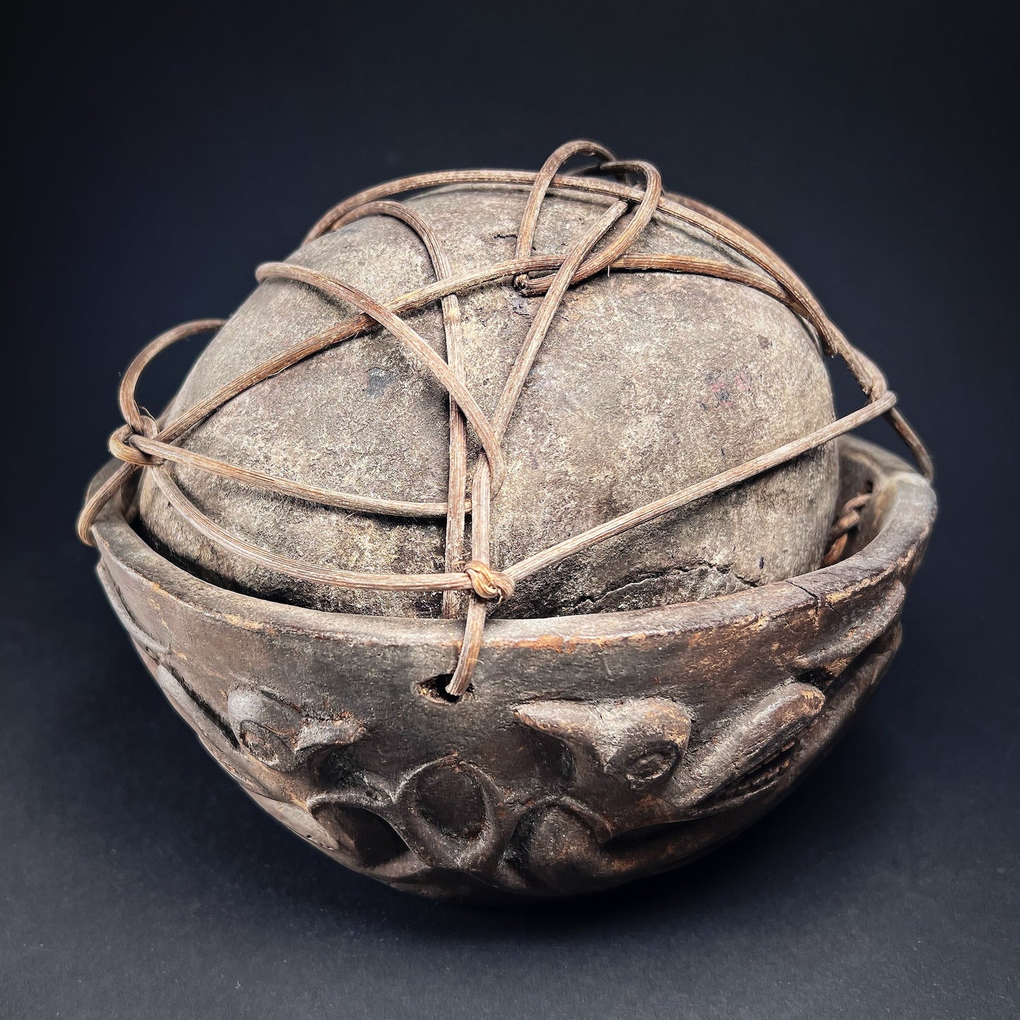 Iban Dayak Bamboo-Bound Trophy Human Skull Bowl