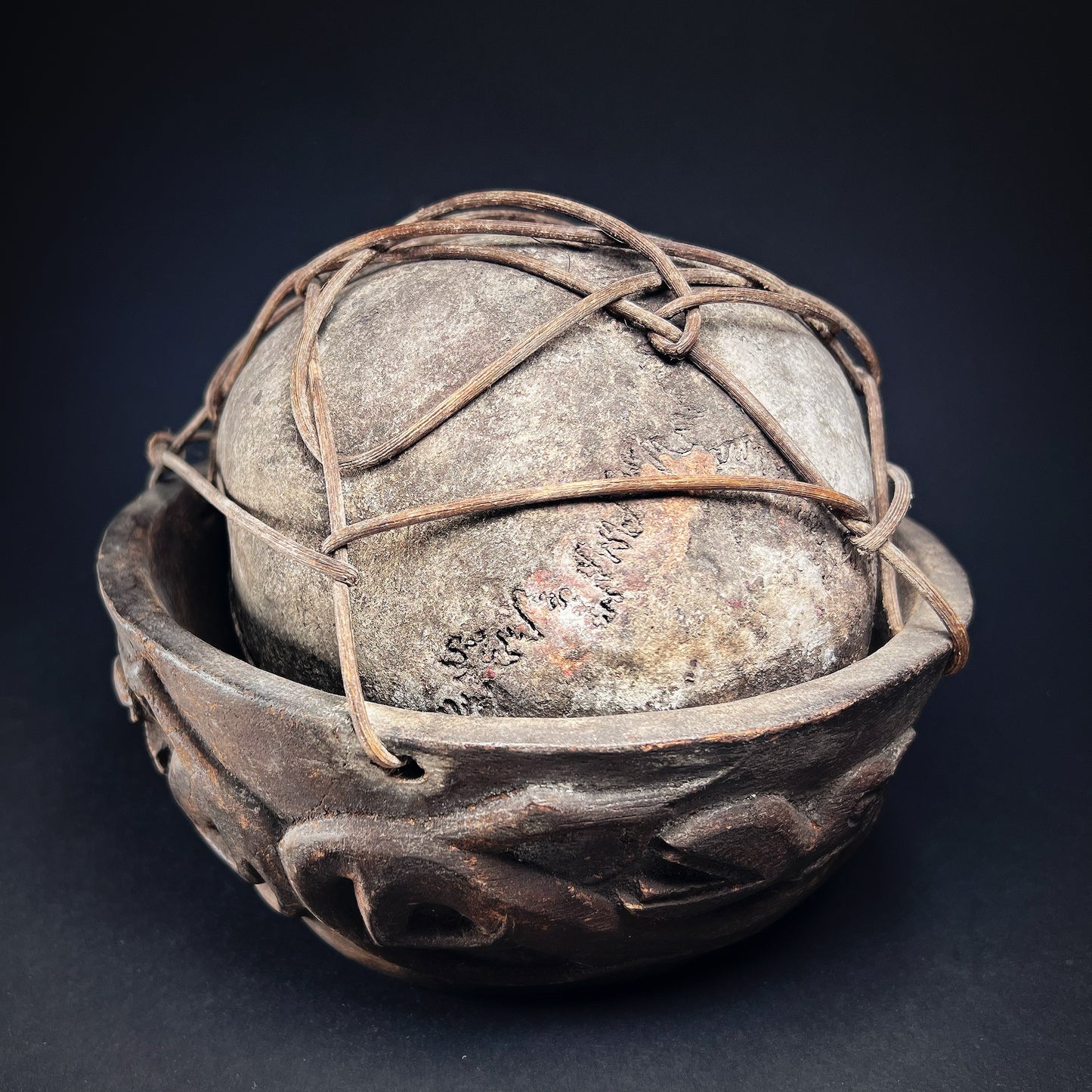 Iban Dayak Bamboo-Bound Trophy Human Skull Bowl