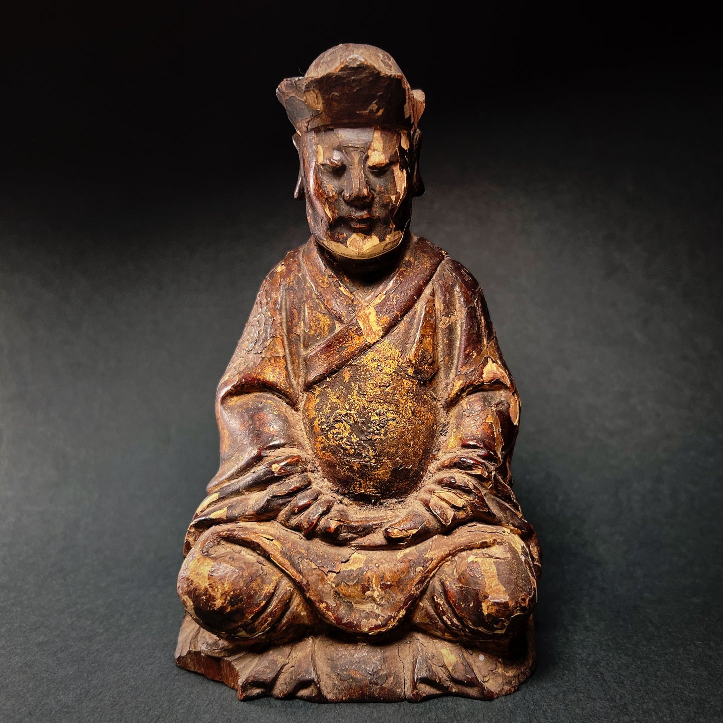 Qing Dynasty Wooden Temple Figure of a Taoist God of Wealth Caishen