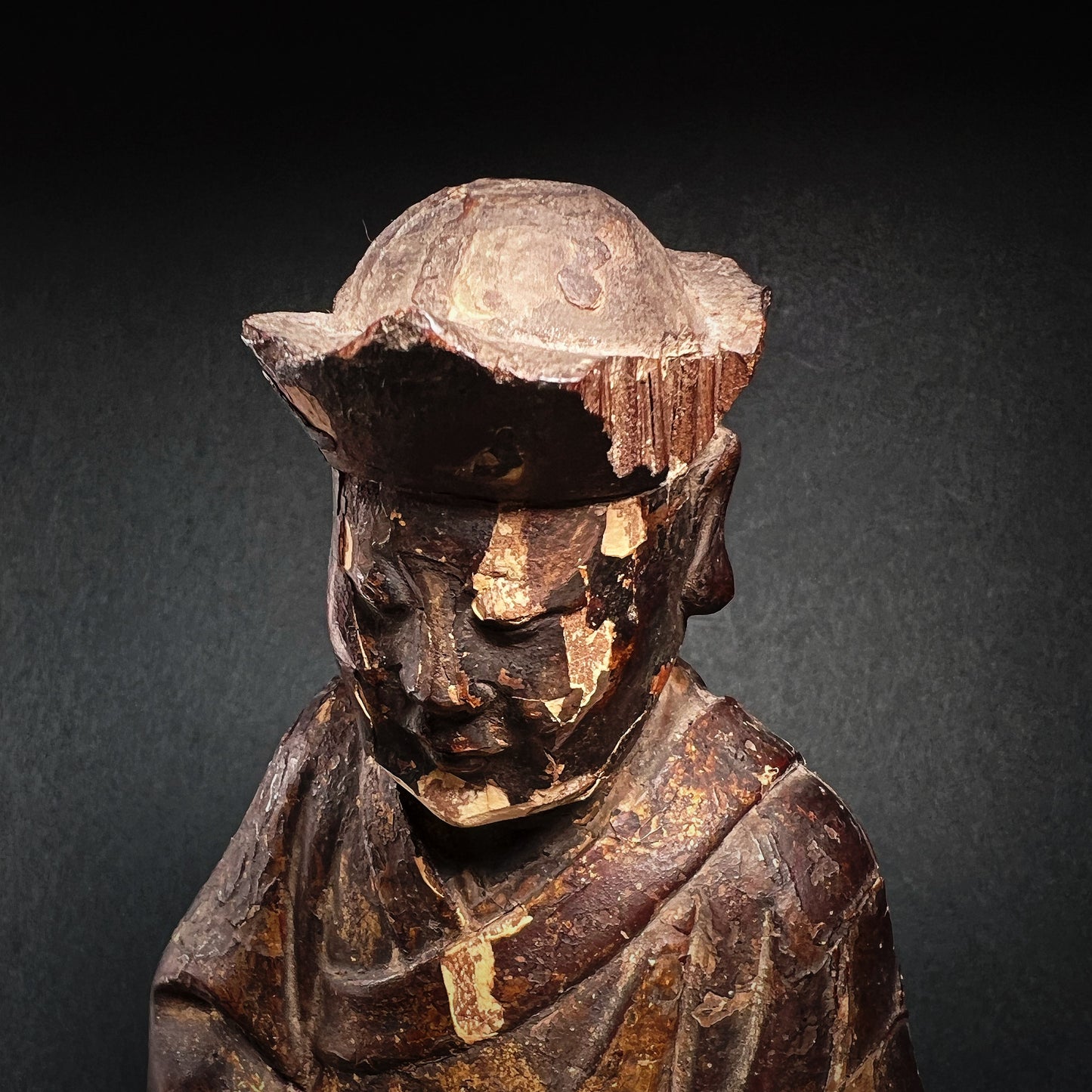 Qing Dynasty Wooden Temple Figure of a Taoist God of Wealth Caishen
