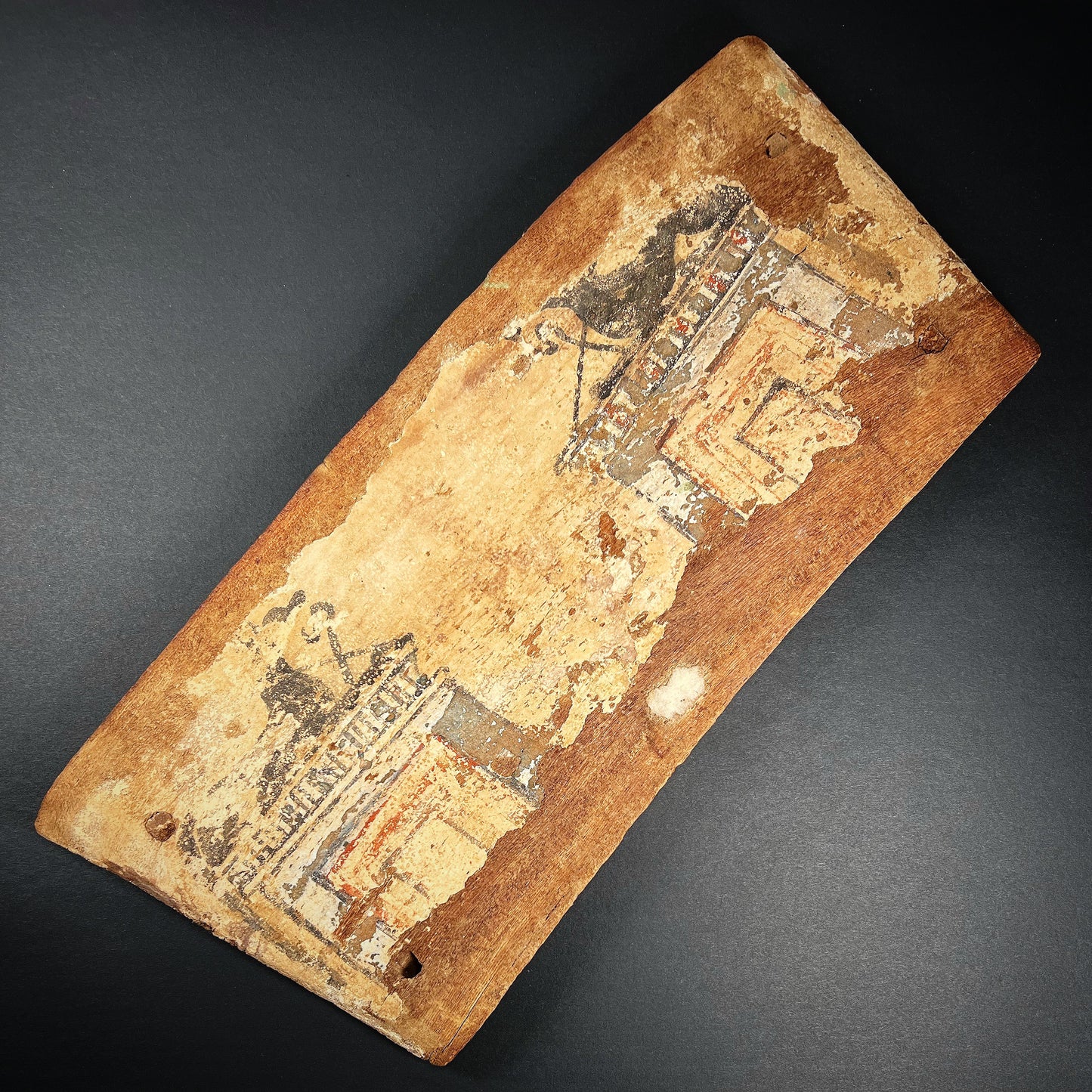 Egyptian Painted Wood Sarcophagus Panel with Anubis and Wepwawet