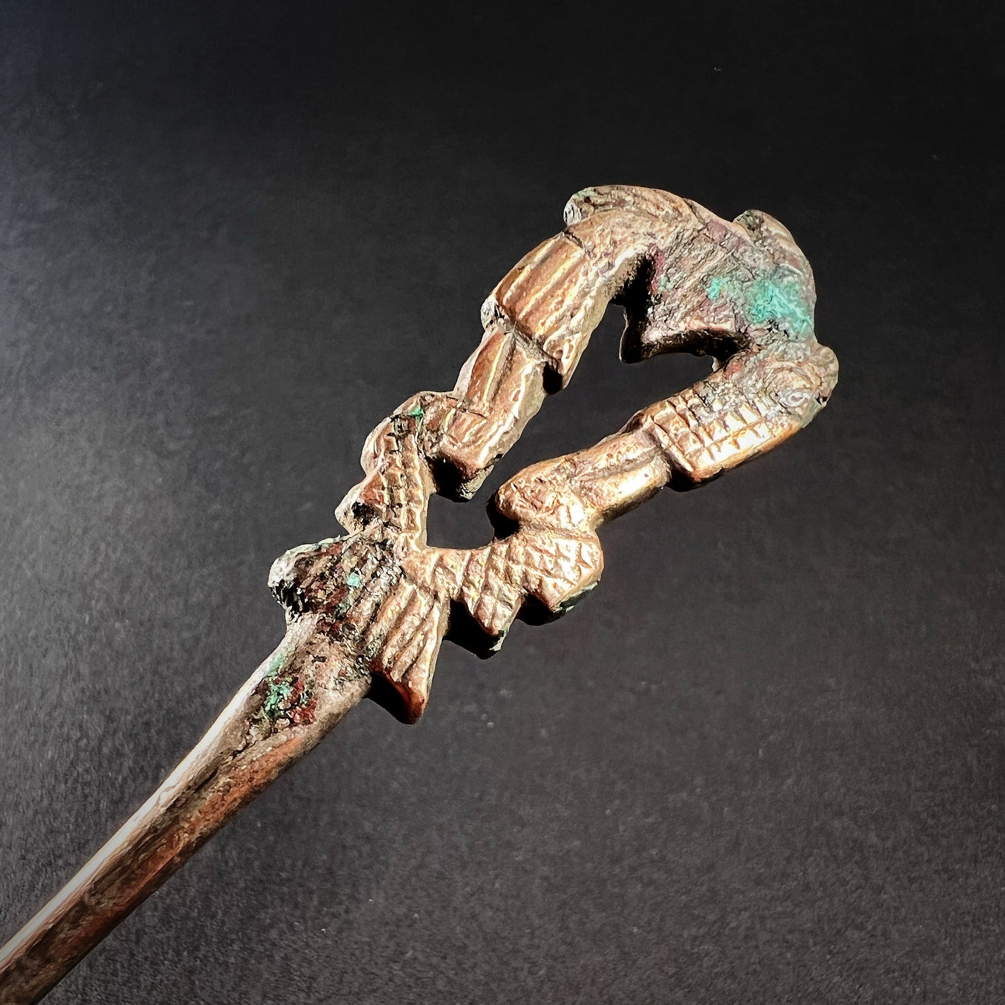 Chimú Gilt Copper Shawl Pin (Tupu) with Birds