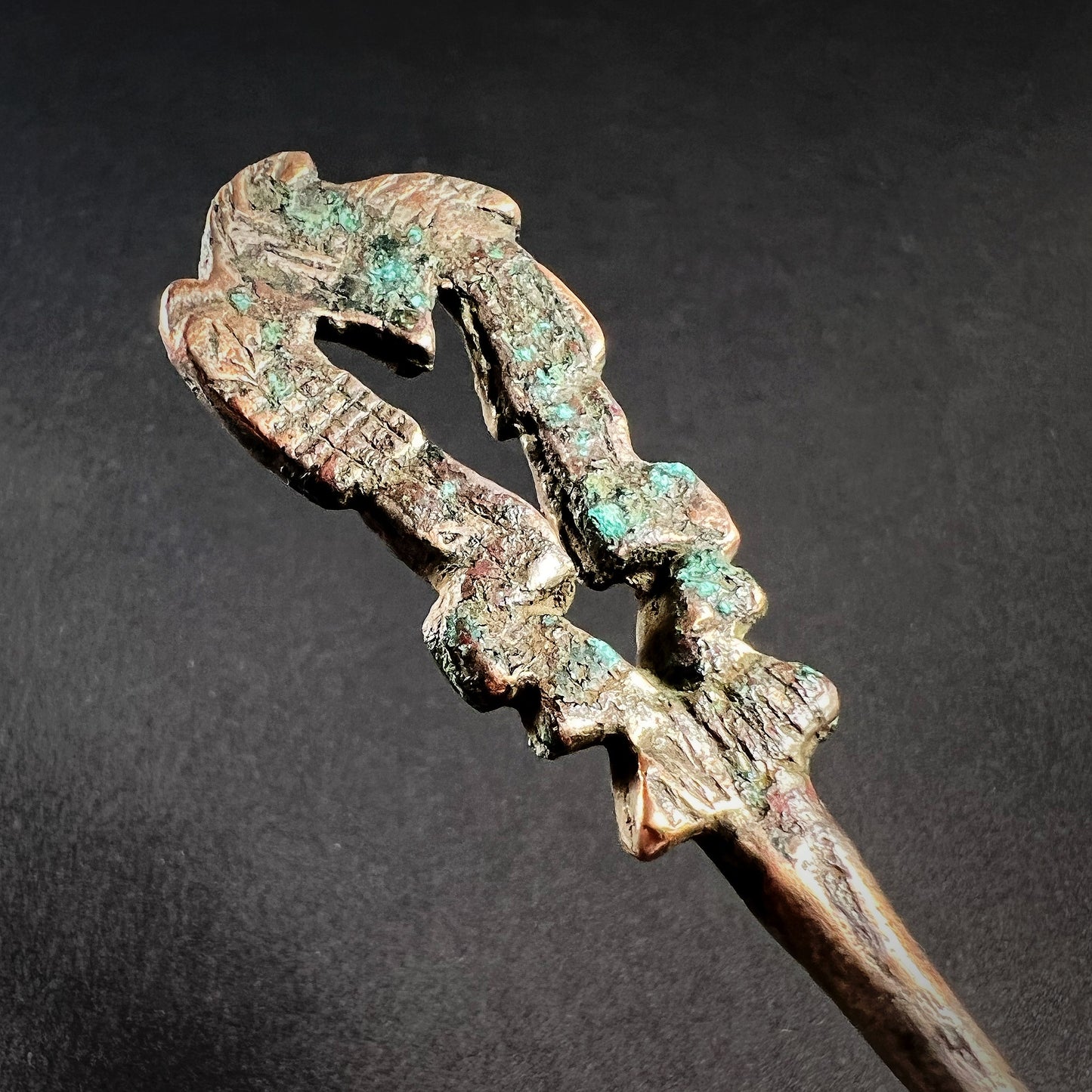 Chimú Gilt Copper Shawl Pin (Tupu) with Birds