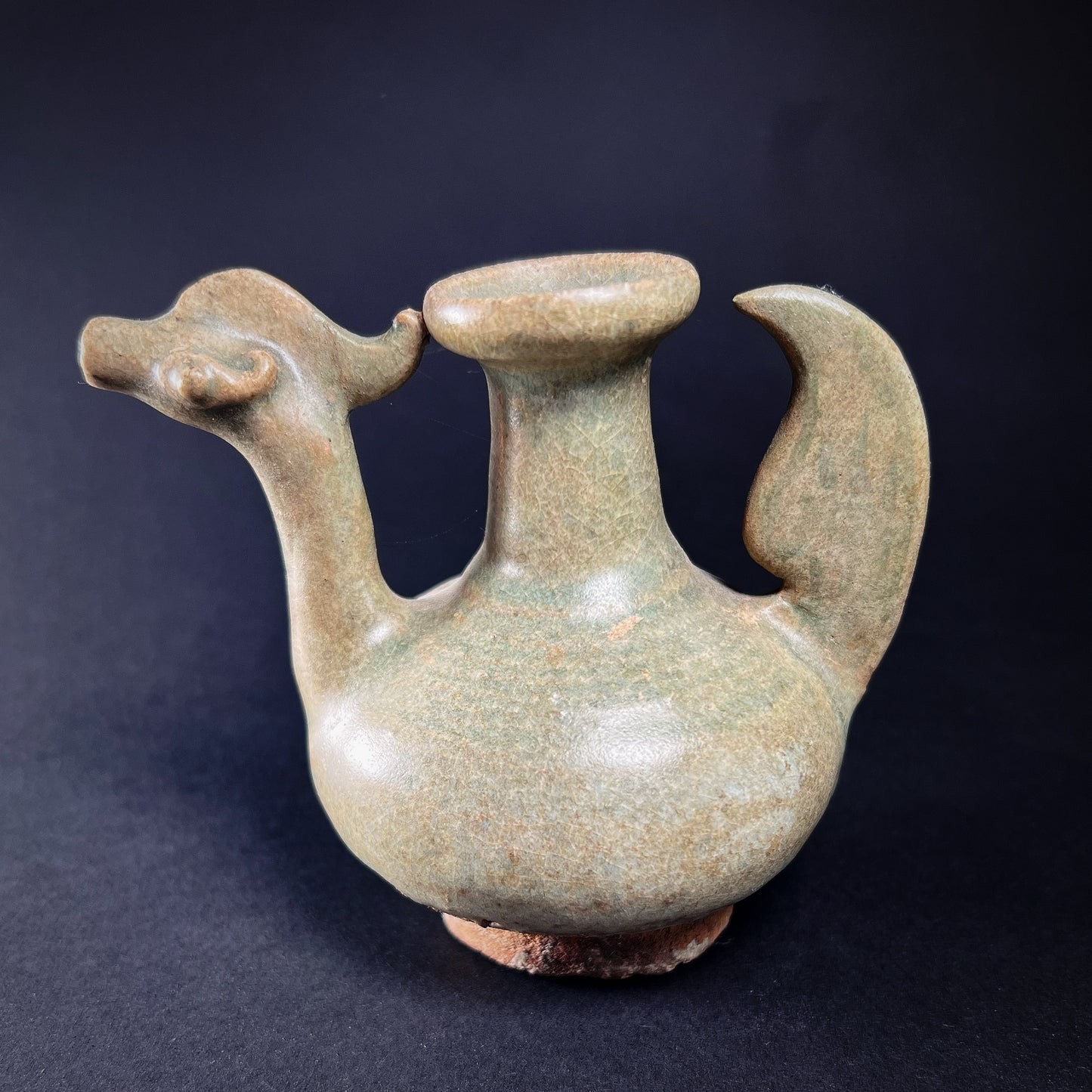 Thai Sawankhalok Celadon Glazed Miniature Hamsa Ritual Ewer (Kendi)
