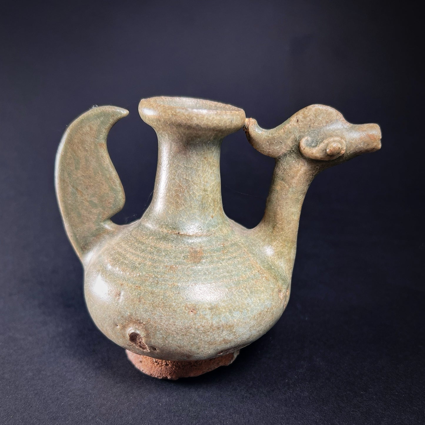 Thai Sawankhalok Celadon Glazed Miniature Hamsa Ritual Ewer (Kendi)