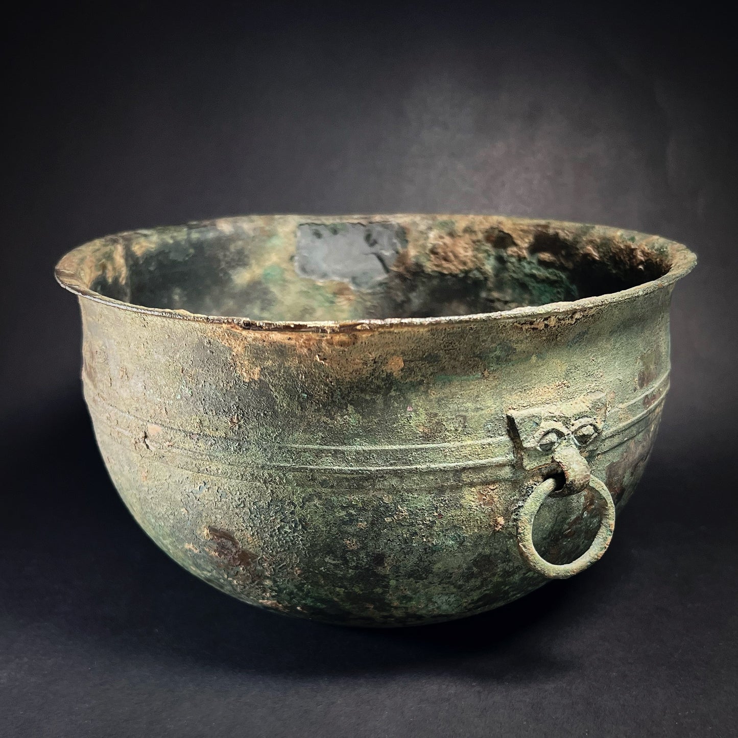 Archaic Chinese Bronze Water Basin with Mask and Loose-Ring Handles (Jian)