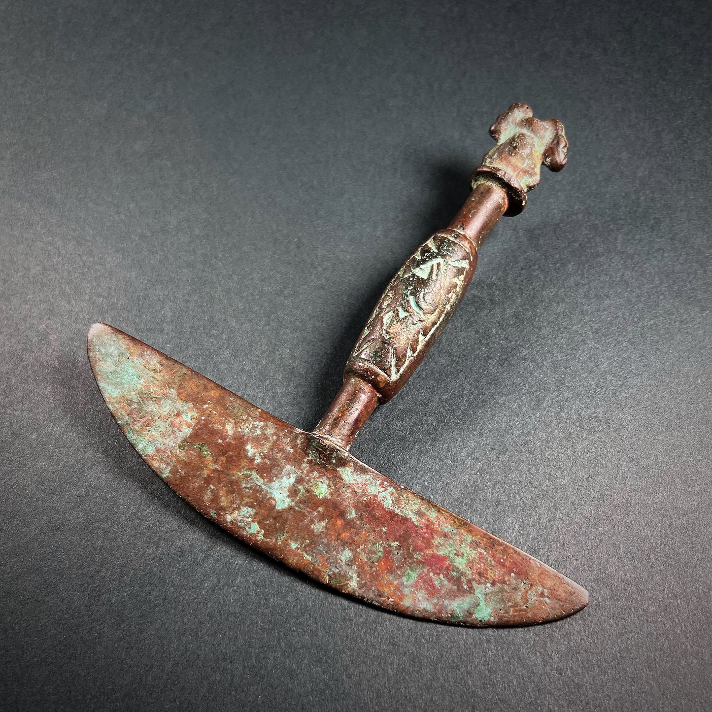 Chimú Ceremonial Copper Tumi with Warrior Figure Finial