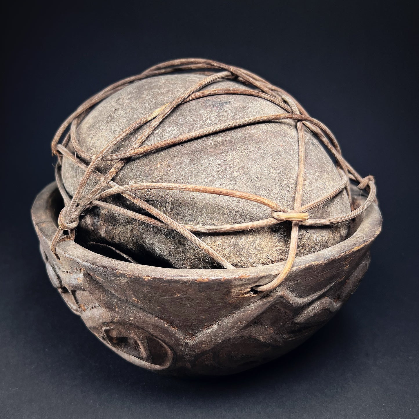 Iban Dayak Bamboo-Bound Trophy Human Skull Bowl