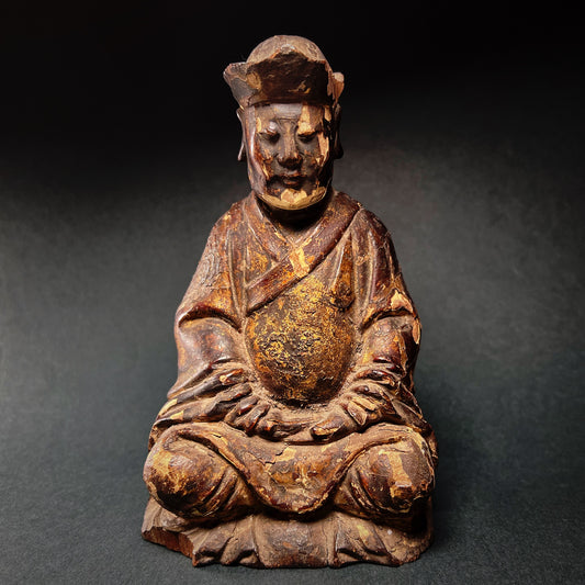 Qing Dynasty Wooden Temple Figure of a Taoist God of Wealth Caishen