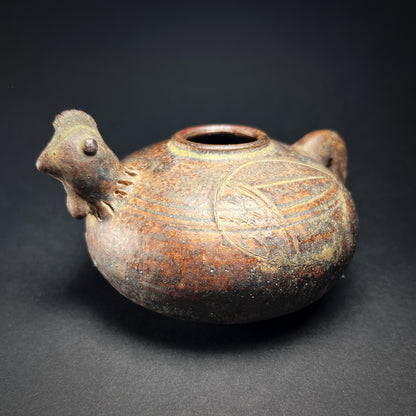 Khmer Angkor Period Brown Glazed Stoneware Rooster Lime Pot