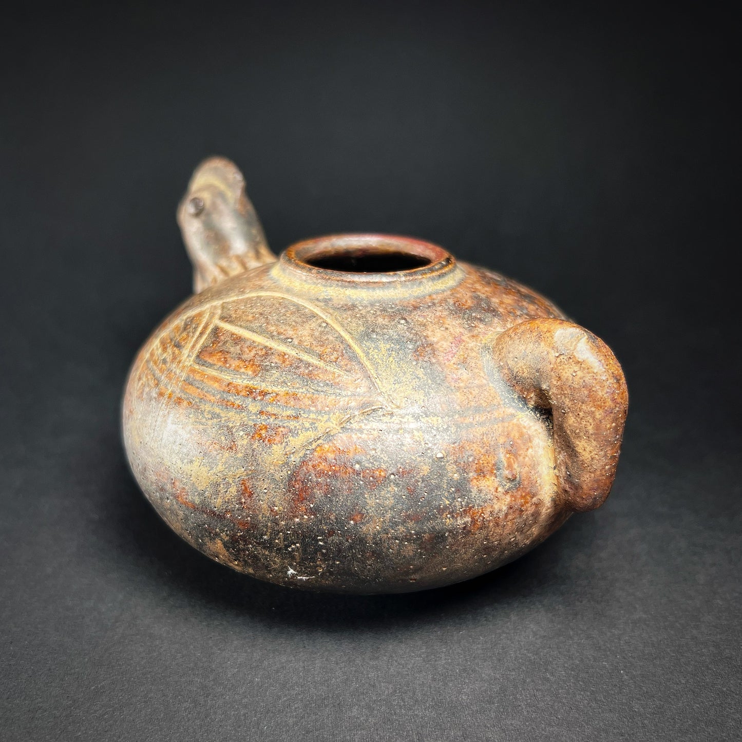 Khmer Angkor Period Brown Glazed Stoneware Rooster Lime Pot