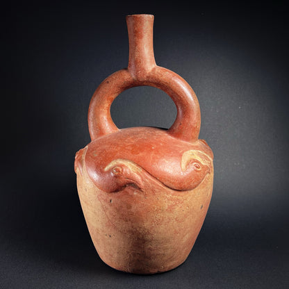 Moche Pottery Stirrup Spout Bottle with Raised Bird Decoration