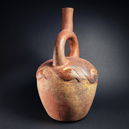 Moche Pottery Stirrup Spout Bottle with Raised Bird Decoration