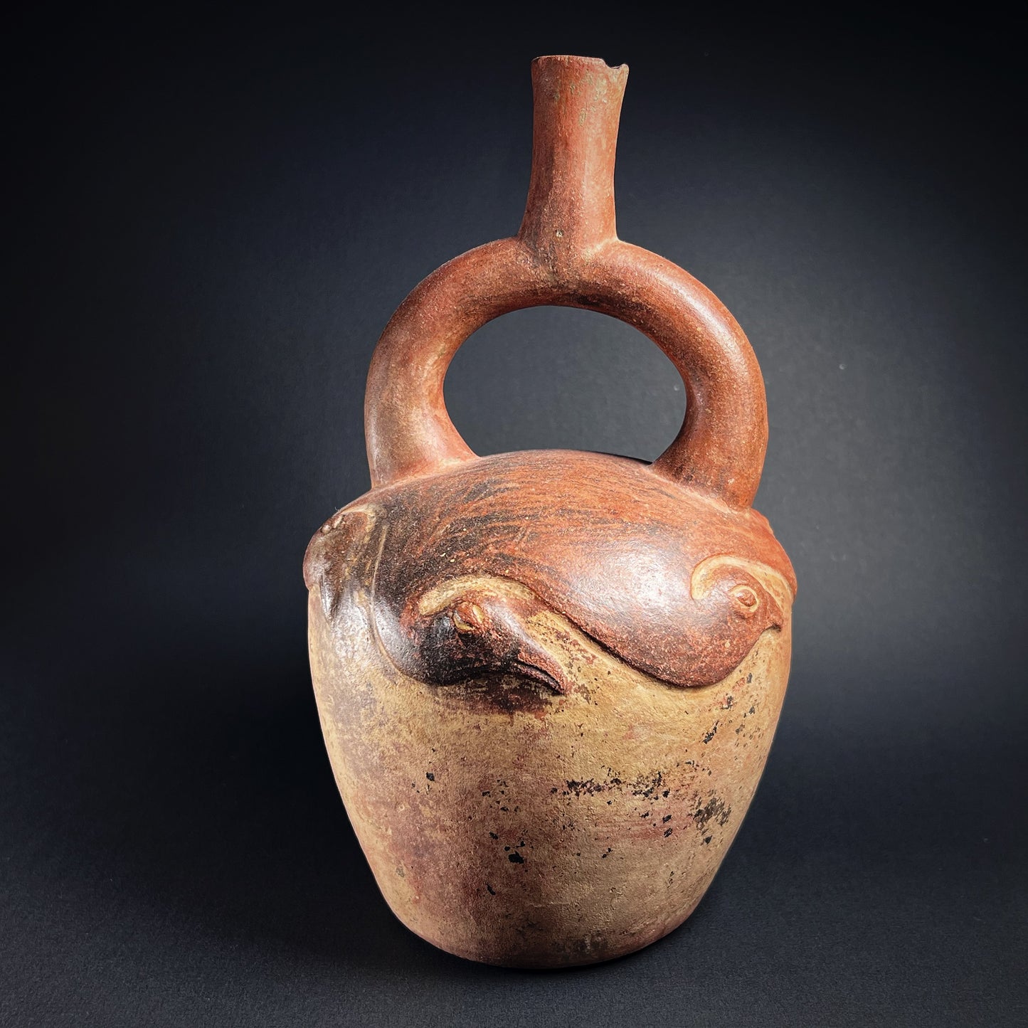 Moche Pottery Stirrup Spout Bottle with Raised Bird Decoration