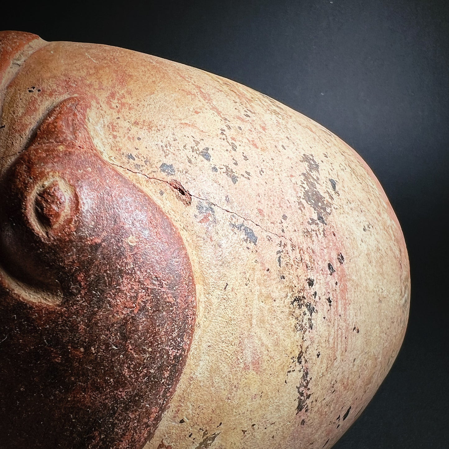 Moche Pottery Stirrup Spout Bottle with Raised Bird Decoration