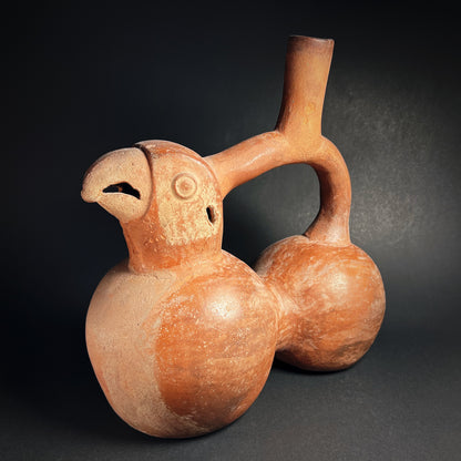 Moche Pottery Double-Chambered Stirrup Spout Bottle in the Form of a Parrot