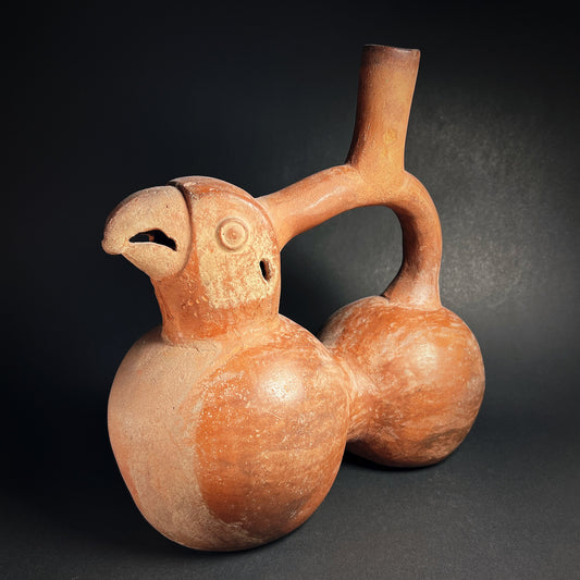 Moche Pottery Double-Chambered Stirrup Spout Bottle in the Form of a Parrot