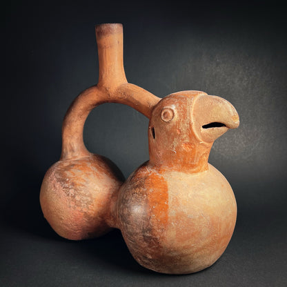 Moche Pottery Double-Chambered Stirrup Spout Bottle in the Form of a Parrot