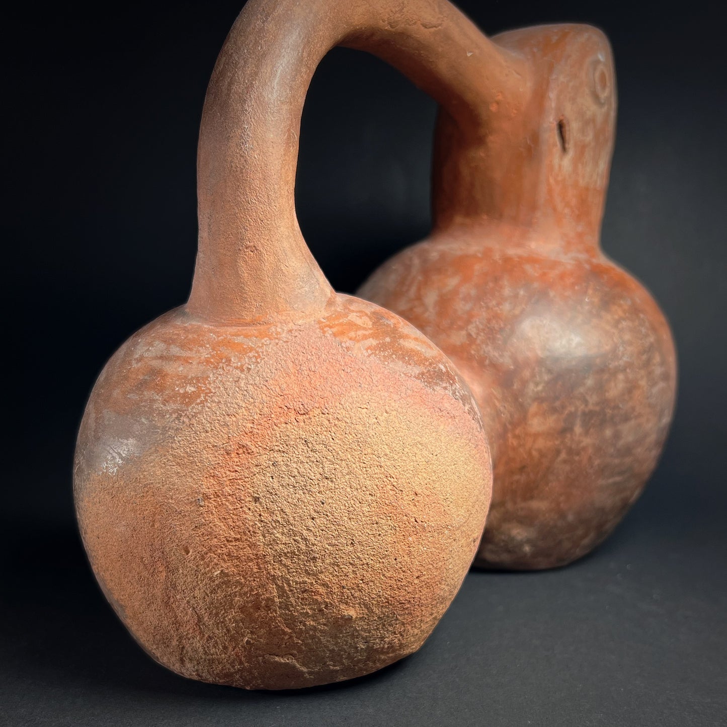 Moche Pottery Double-Chambered Stirrup Spout Bottle in the Form of a Parrot