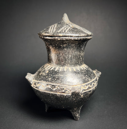 Ancient Anatolian Yortan Blackware Tripod Jar with Lid