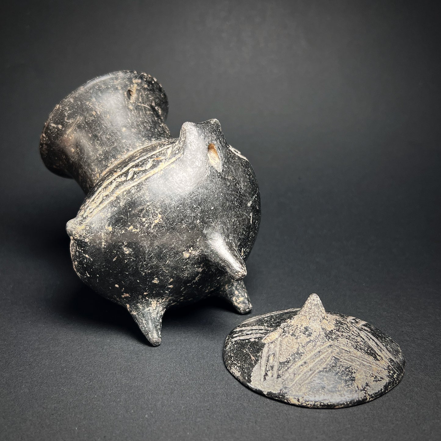 Ancient Anatolian Yortan Blackware Tripod Jar with Lid