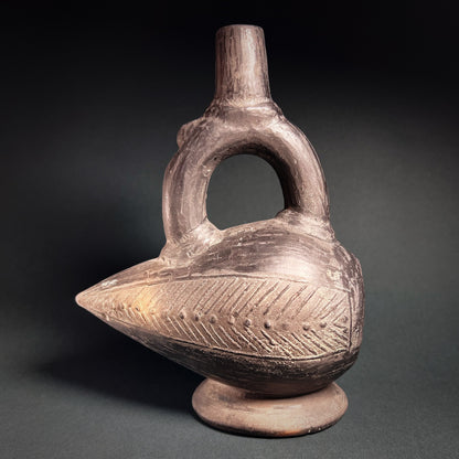 Chimú Blackware Phytomorphic Stirrup Spout Whistling Vessel