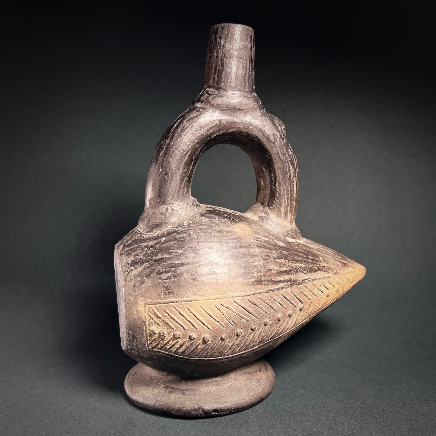 Chimú Blackware Phytomorphic Stirrup Spout Whistling Vessel