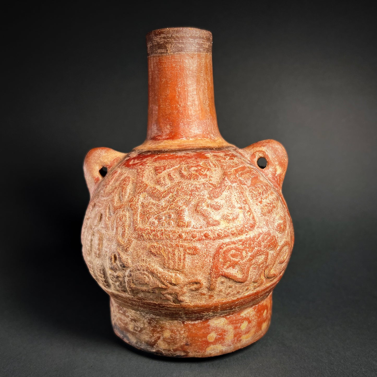 Moche Pottery Bottle with Deity and Monkeys