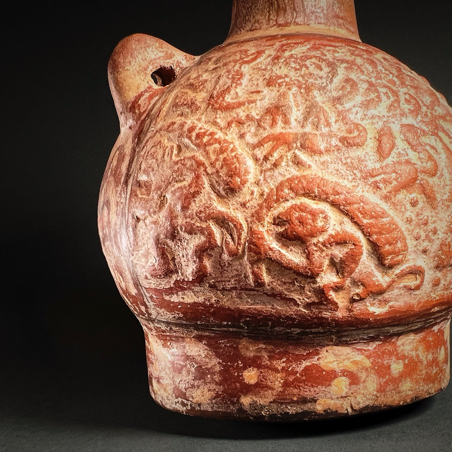 Moche Pottery Bottle with Deity and Monkeys
